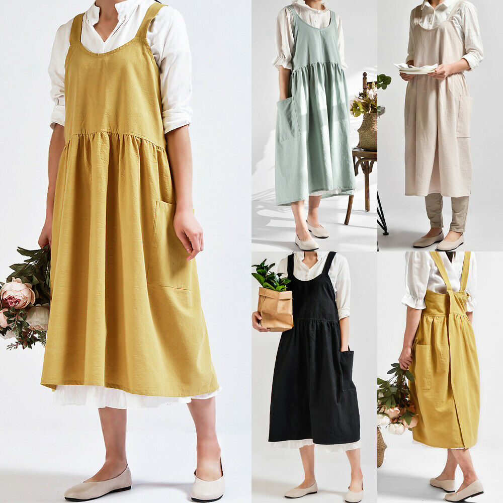 Women Cotton Dress Linen Cross Back Apron Japanese Housework Florist Baking Wrap