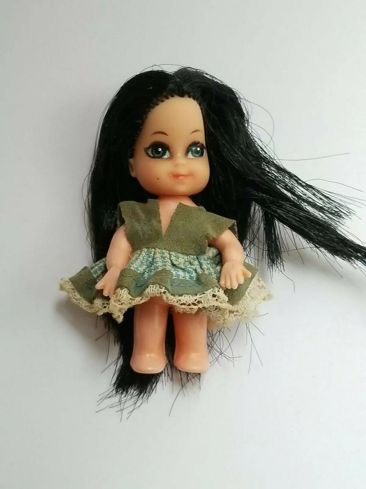 Vintage 1967 Mattel Liddle Kiddles Goth Blue Mini Doll Long Raven Black Hair