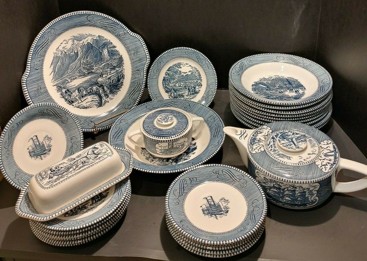 Royal Currier & Ives Blue Teapot Sugar Bowl Saucers Plates Platters Butter Dish